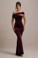 Candela | Port Velvet Asymmetric Bardot Maxi Dress