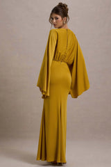 Zuzanna | Mustard Draped Maxi Dress With Cape Sleeves