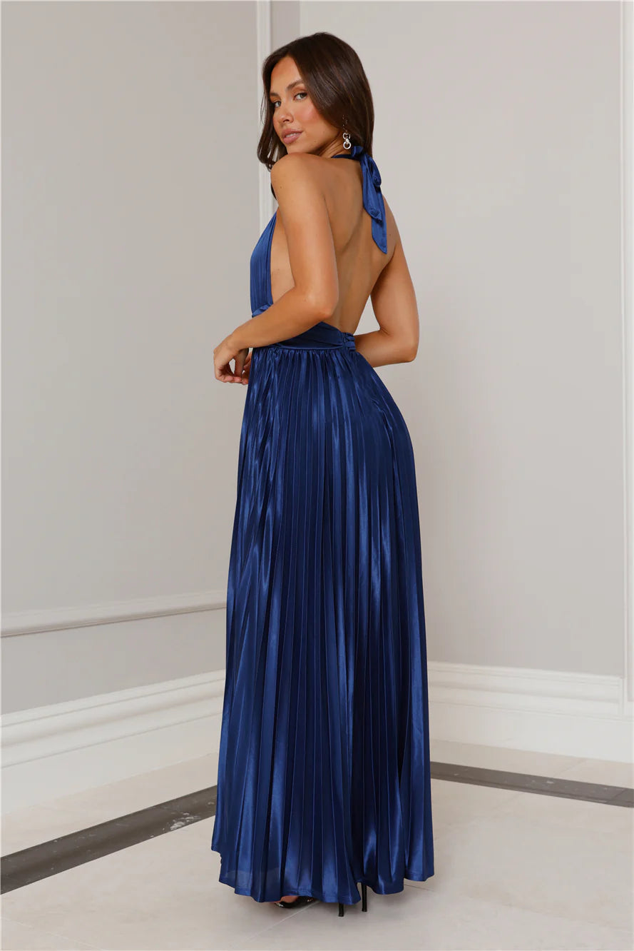 Shimmering Sea Pleated Halter Maxi Dress