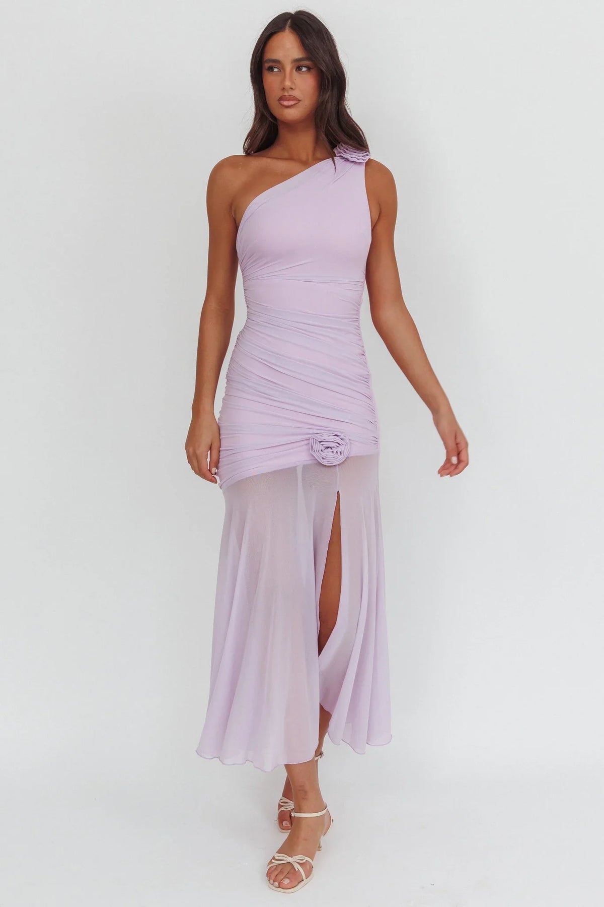 Lost Love One-Shoulder Sheer Hem Maxi Dress Lilac