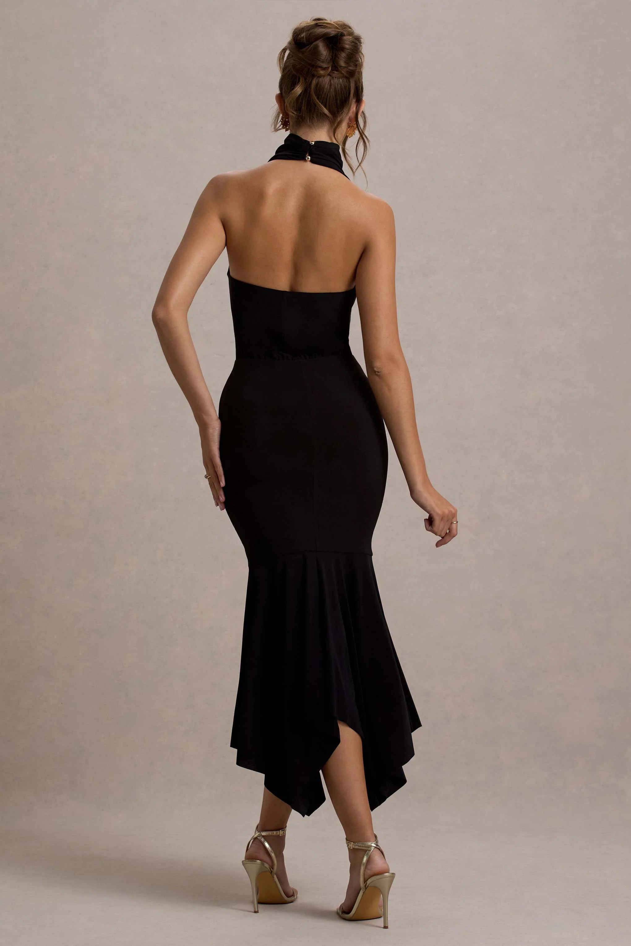 Prianyka | Black High-Neck Draped Midi Dress
