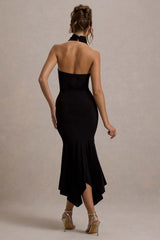 Prianyka | Black High-Neck Draped Midi Dress
