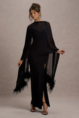 Swoon | Black Chiffon Feather-Trim Shawl