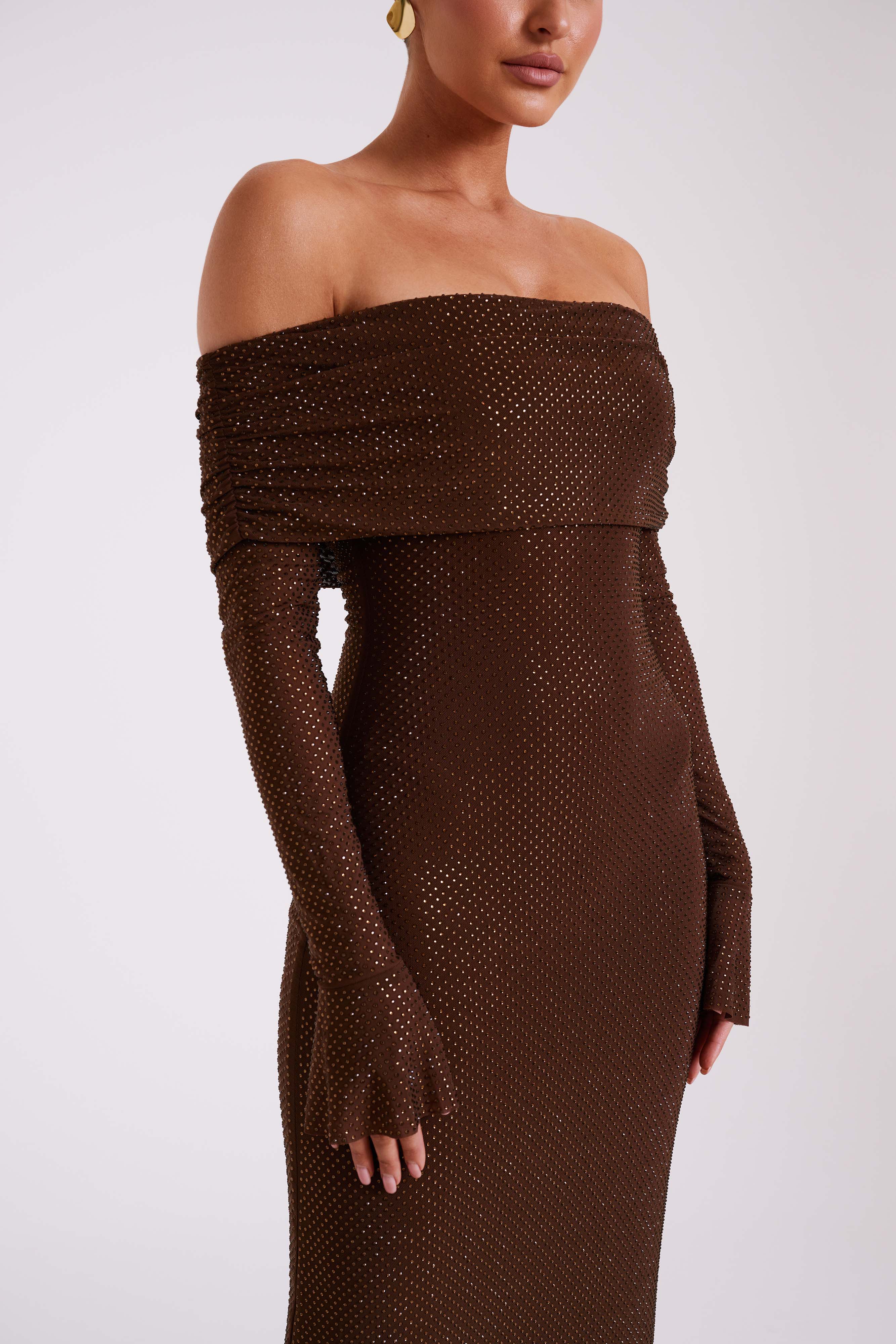 Marcel Off Shoulder Diamante Maxi Dress - Gunmetal/Chocolate