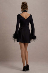 Yoko | Black Halter-Neck Mini Dress With Feather Trims