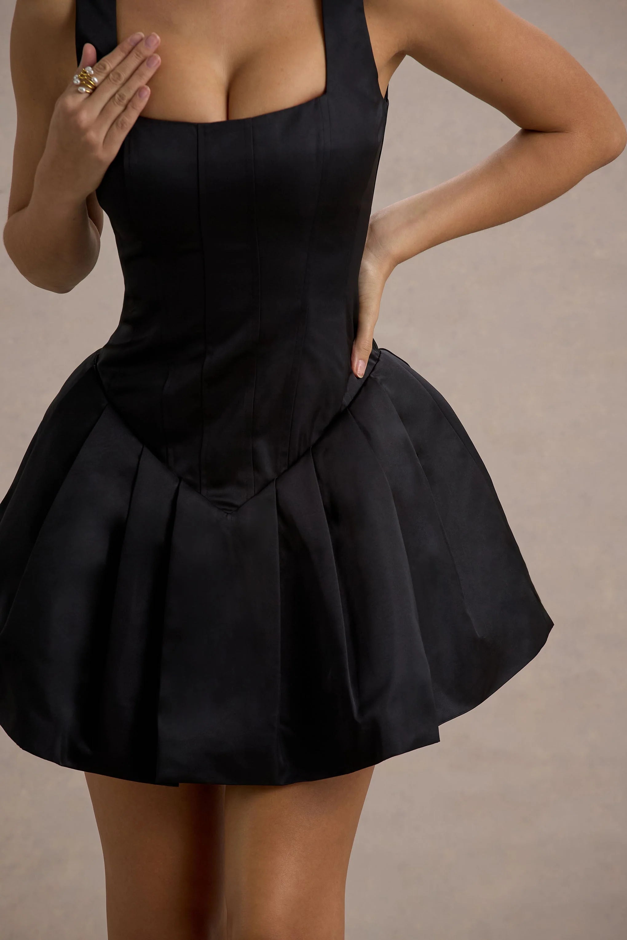 Bramble | Black Satin Square-Neck Puffball Mini Dress