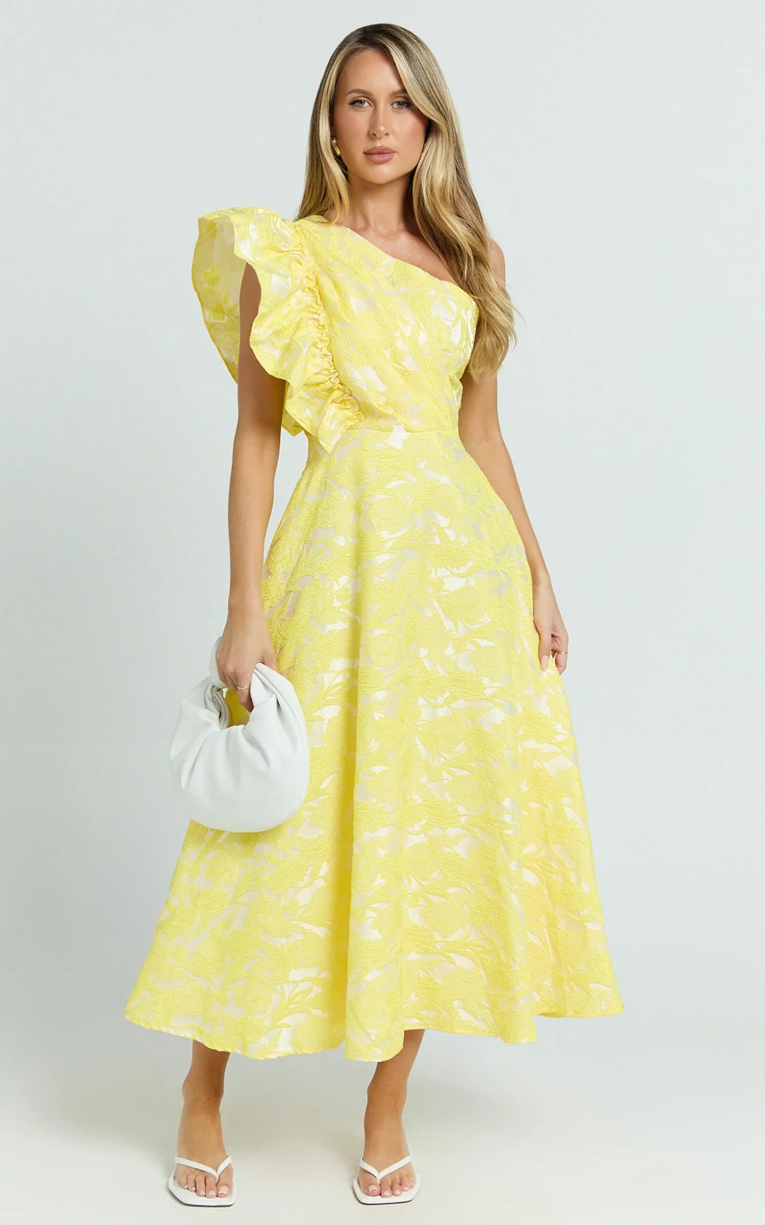 Alfreda Midi Dress One Shoulder Ruffle Detail Brailey Jacquard Dress in Yellow