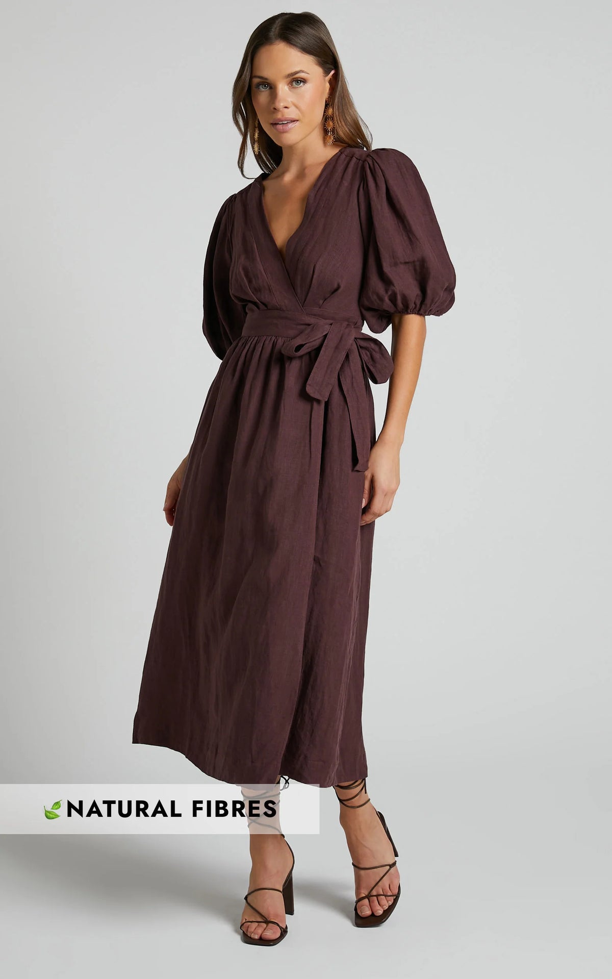 Amalie The Label - Franc Linen Puff Sleeve Wrap Midi Linen Dress