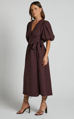 Amalie The Label - Franc Linen Puff Sleeve Wrap Midi Linen Dress