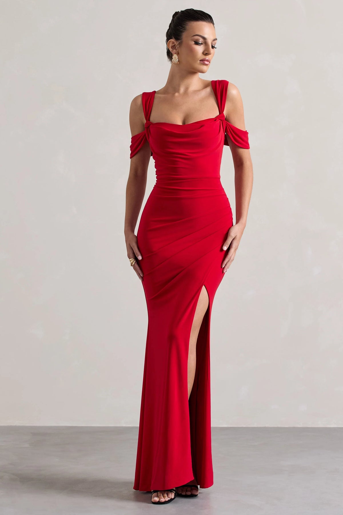 Amoura | Red Square-Neck Draped Wrap Maxi Dress