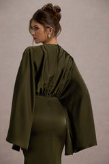 Zuzanna | Khaki Draped Maxi Dress With Cape Sleeves