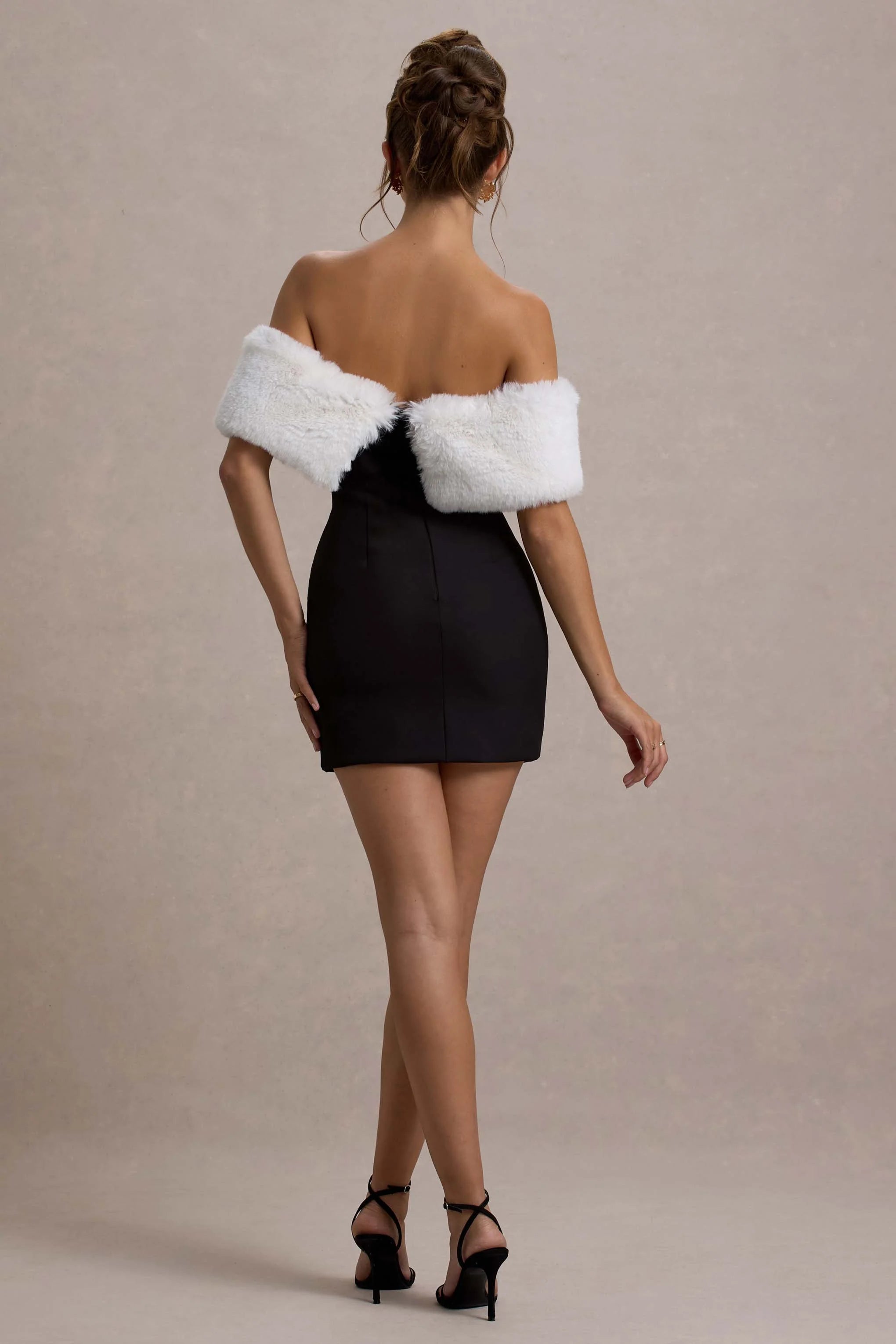Little Luxe | Black Bardot Mini Dress With White Fur Trim