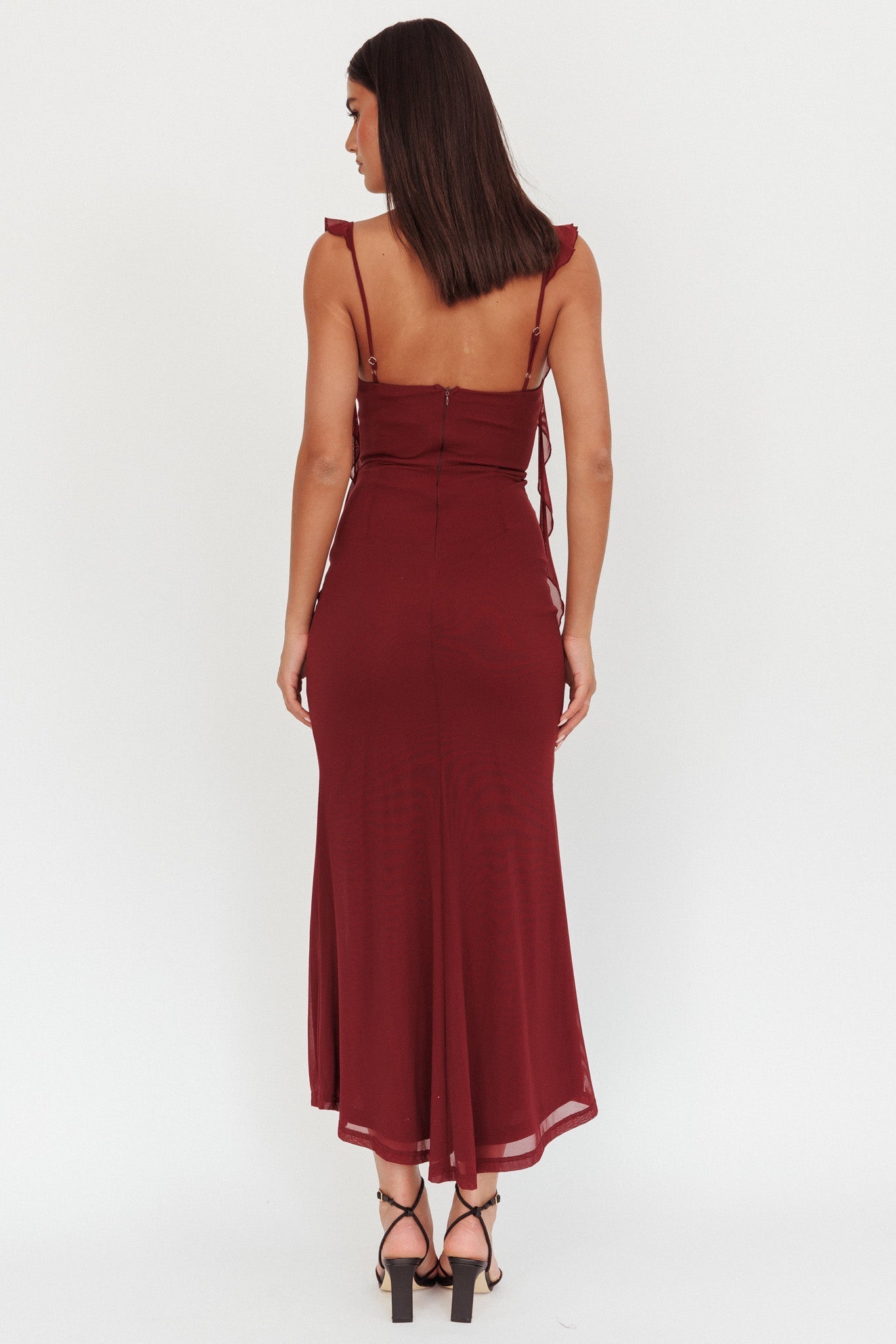 Blushing Ruffle Trim Maxi Dress Wine
