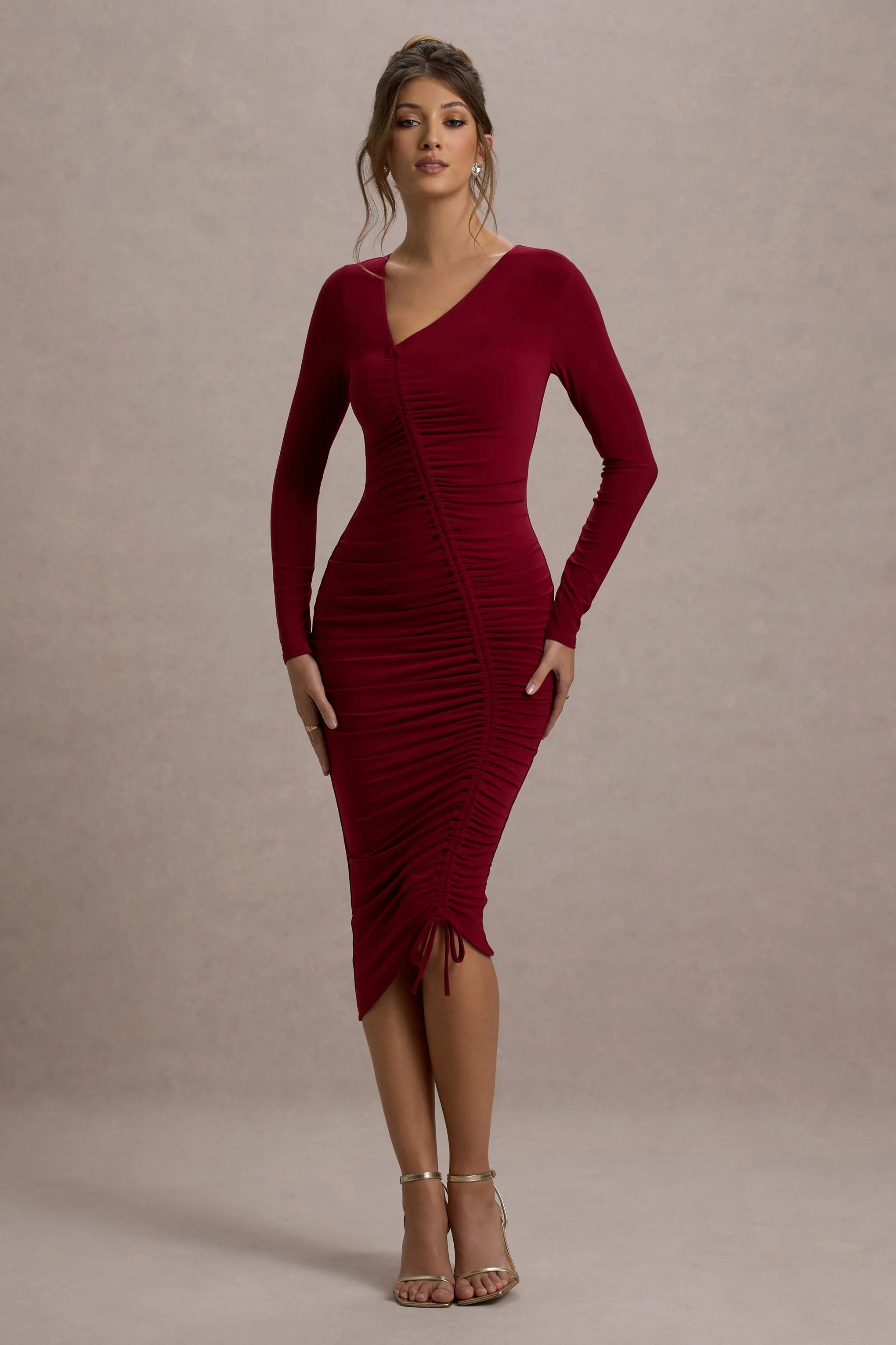 Lilia | Berry Ruched Asymmetric Midi Dress