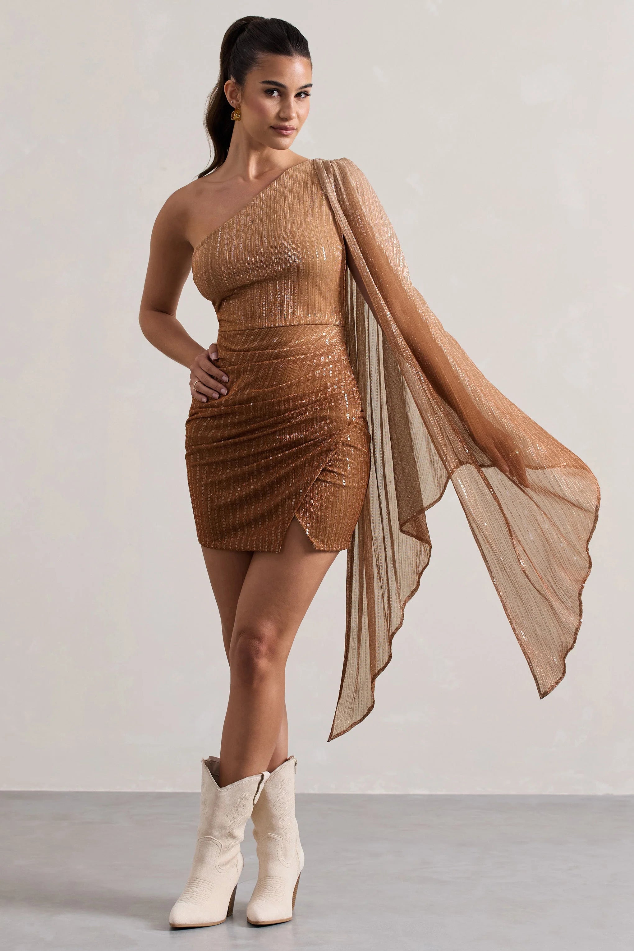 Sunlit | Gold Ombre Metallic Asymmetric Mini Dress With Cape Sleeve