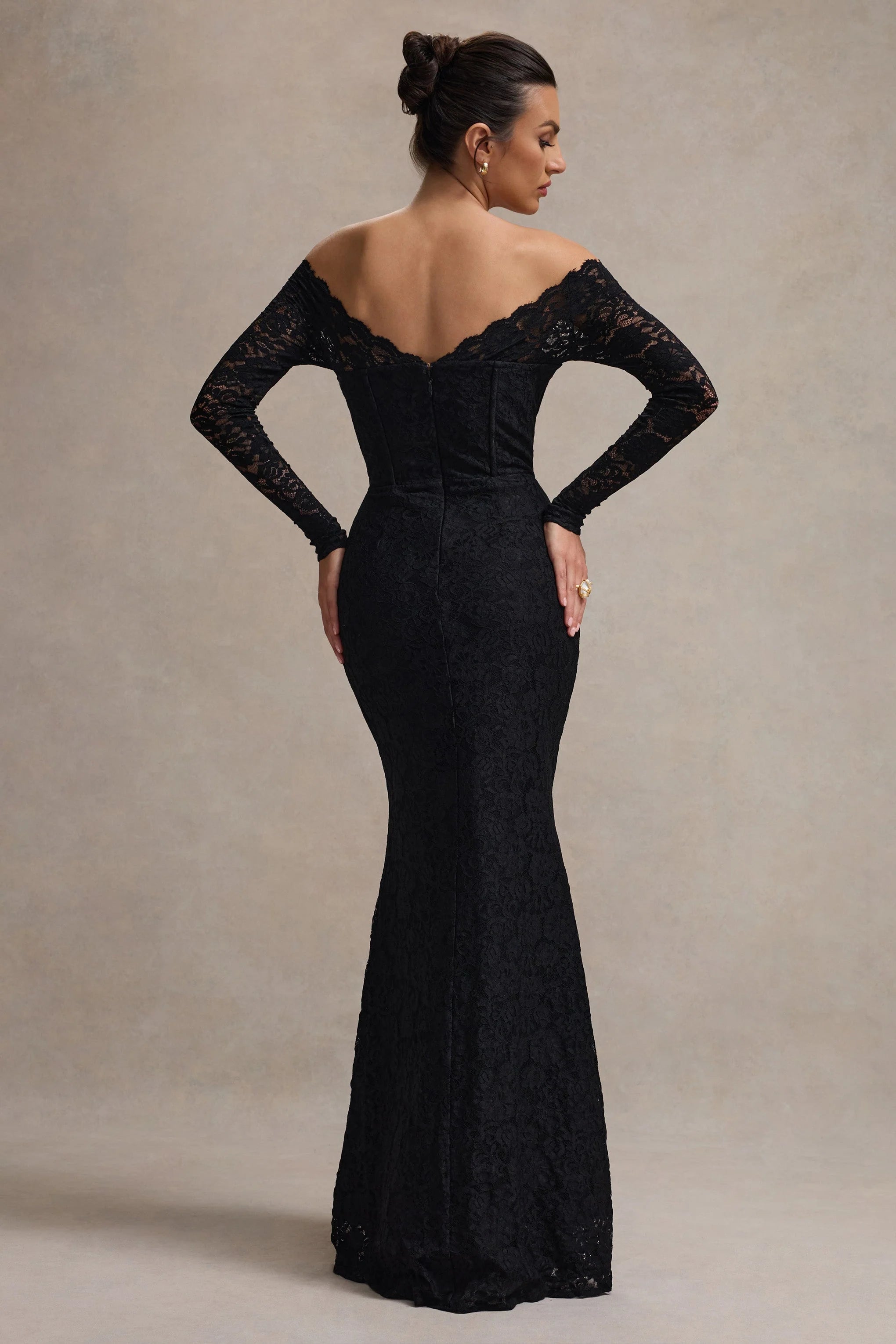 Astoria | Black Lace Bardot Maxi Dress With Chiffon Skirt