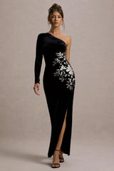Chance | Black Embroidered Velvet One-Sleeve Maxi Dress