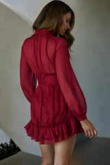 Mandalay High Neck Long Sleeve Waistband Dress Wine