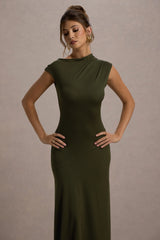 Ondine | Khaki Asymmetric Draped Midi Dress