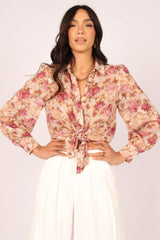 Abbey Floral Button Front Top - Beige
