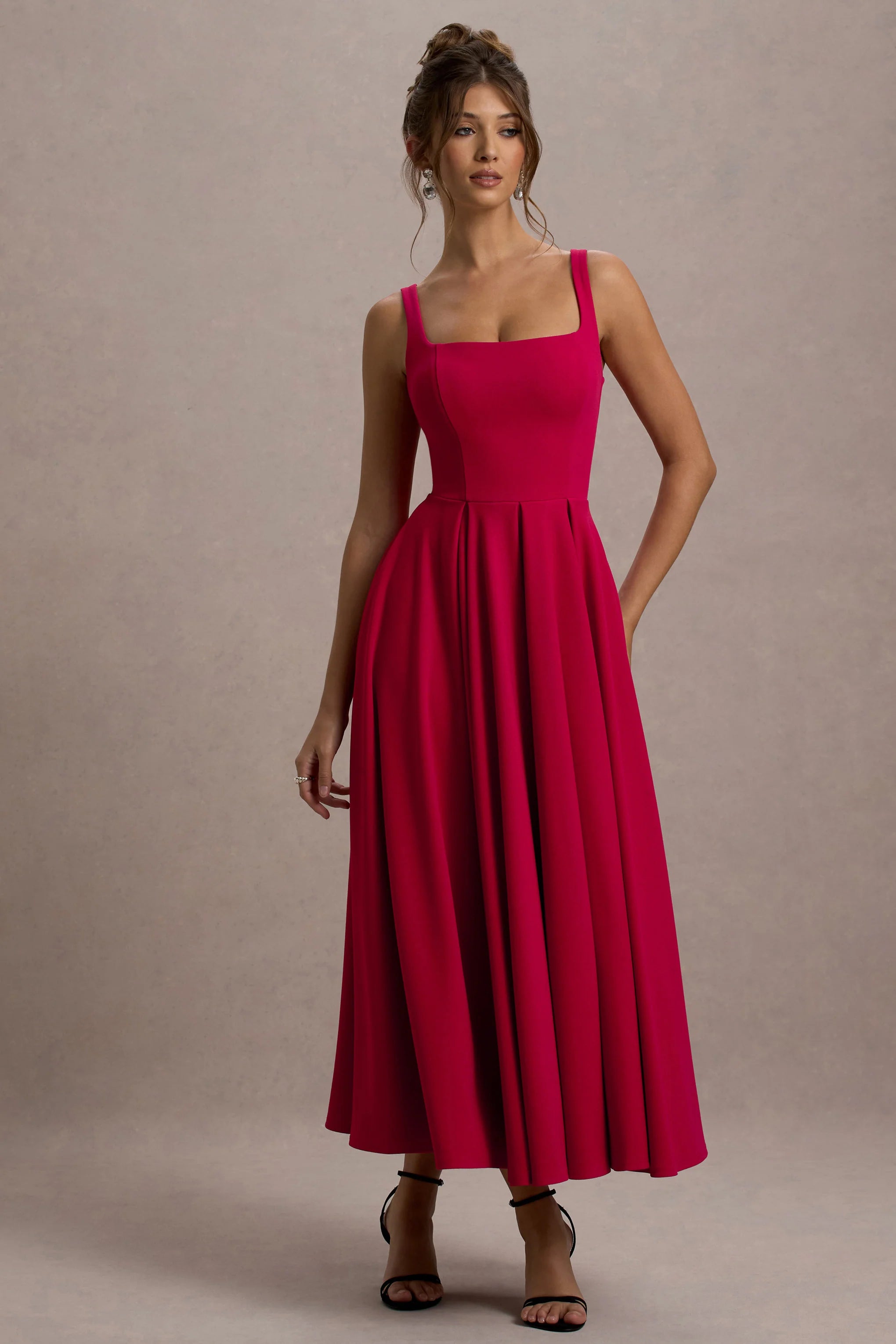Parina | Red Strappy Volume-Hem Midi Dress