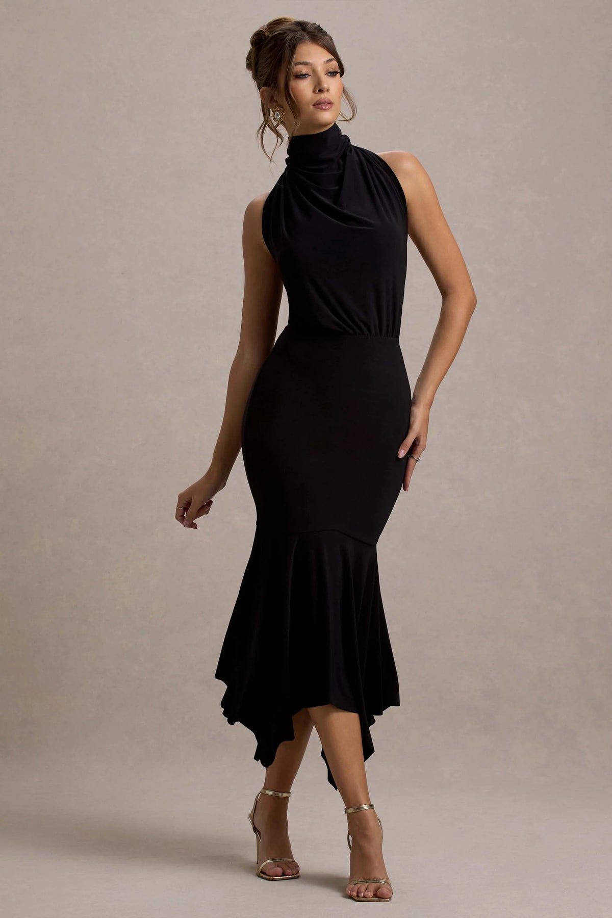 Prianyka | Black High-Neck Draped Midi Dress