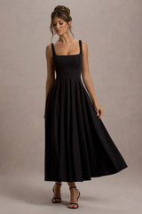 Parina | Black Strappy Volume-Hem Midi Dress