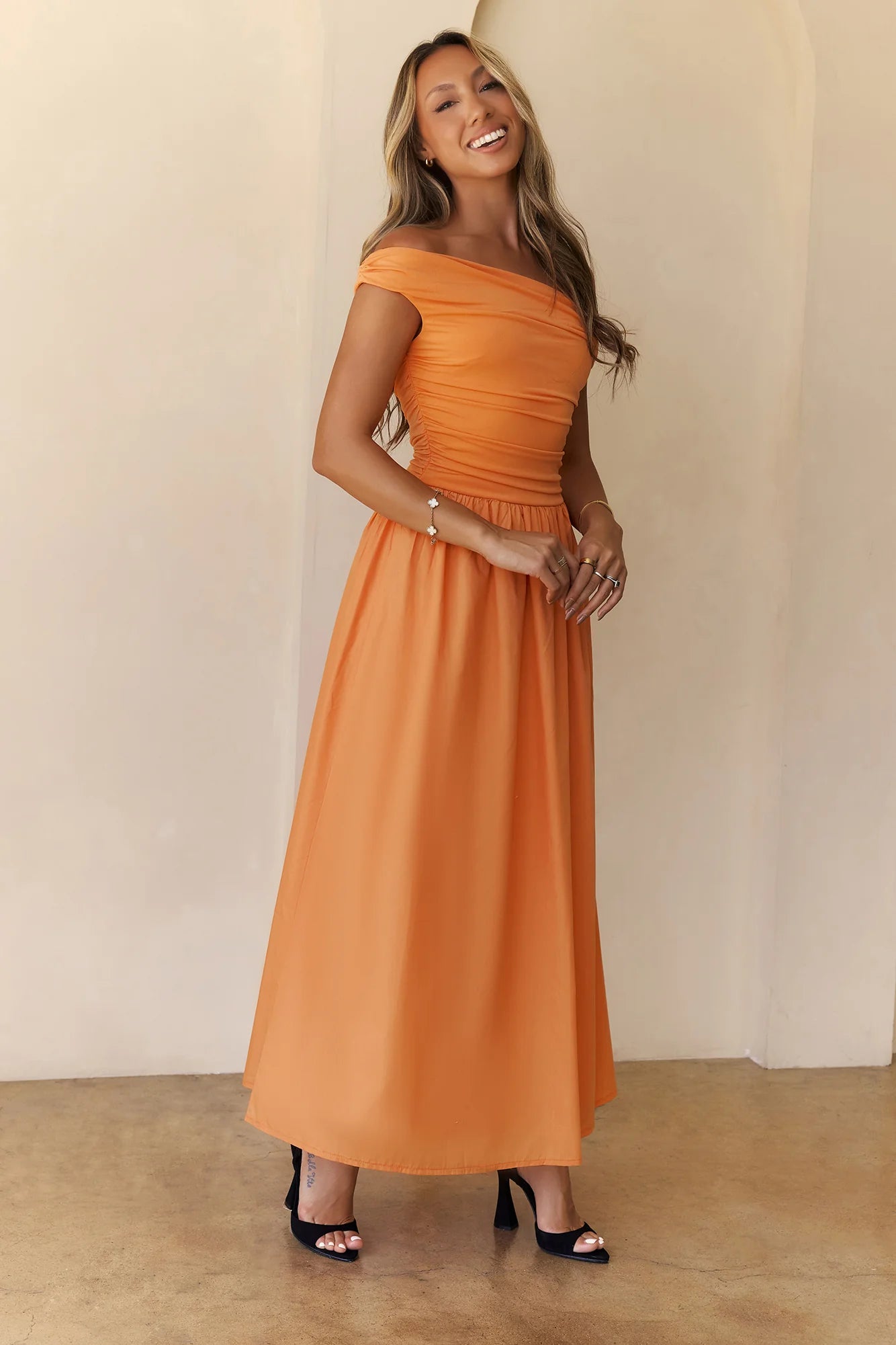 Camellia Charm Off Shoulder Maxi Dress