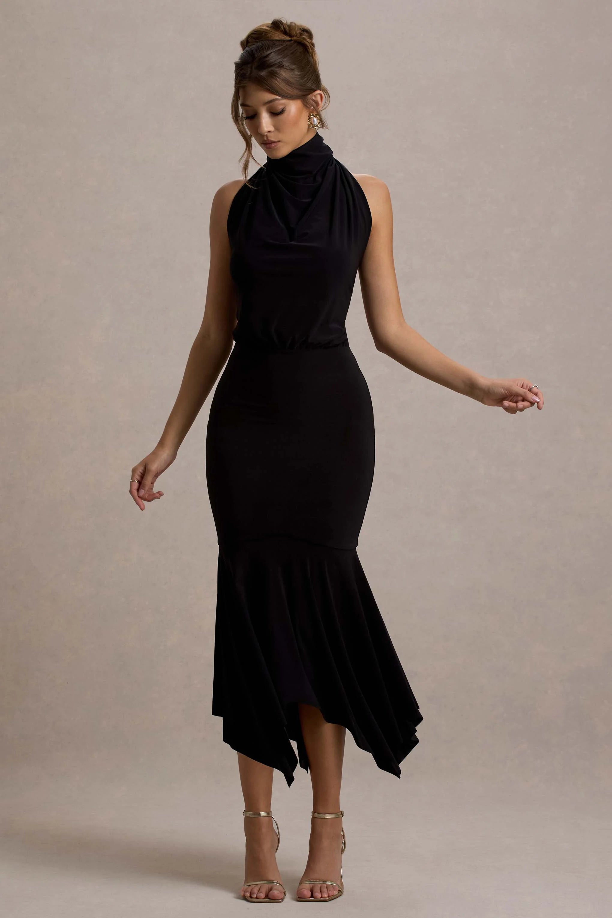 Prianyka | Black High-Neck Draped Midi Dress