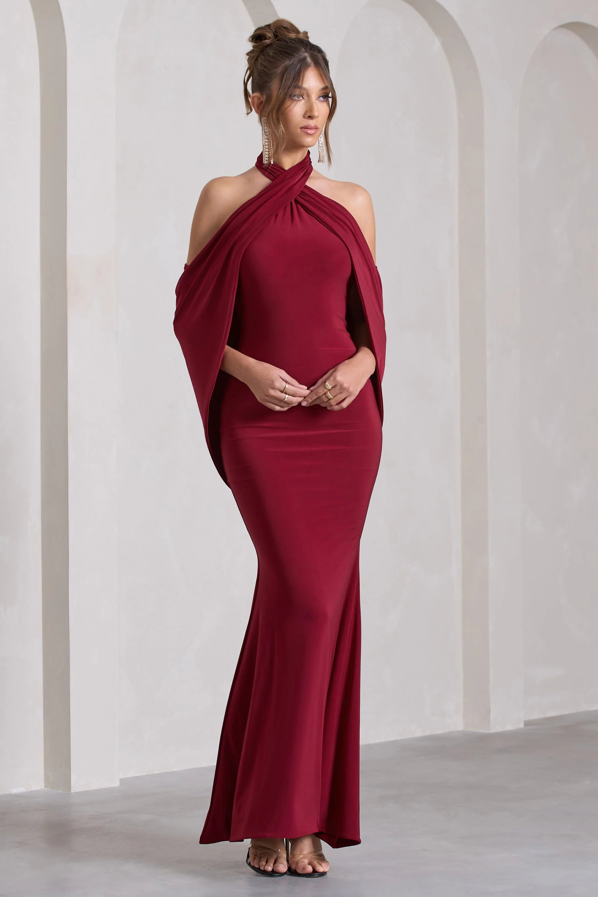 Revelation | Berry Red Crossed Halter-Neck  Maxi Dress With Cape