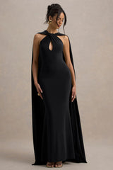 Rhoda | Black Twist Halter-Neck Cape Maxi Dress