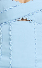 Gigi Mini Linen Blend Dress Sweetheart Tie Back Scallop Detail Dress in Blue