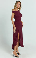Judee Midi Dress One Shoulder High Side Split Dress in Wine