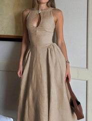 Cotton & Linen Pleated Cutout Long Dress