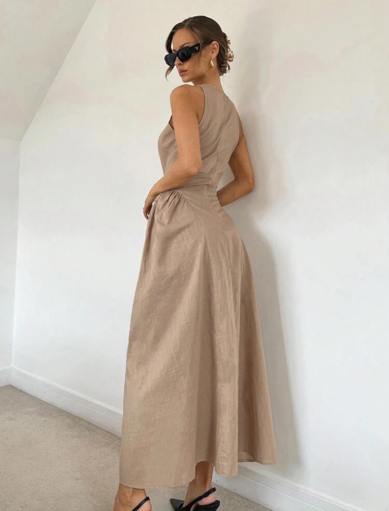Cotton & Linen Pleated Cutout Long Dress