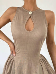 Cotton & Linen Pleated Cutout Long Dress