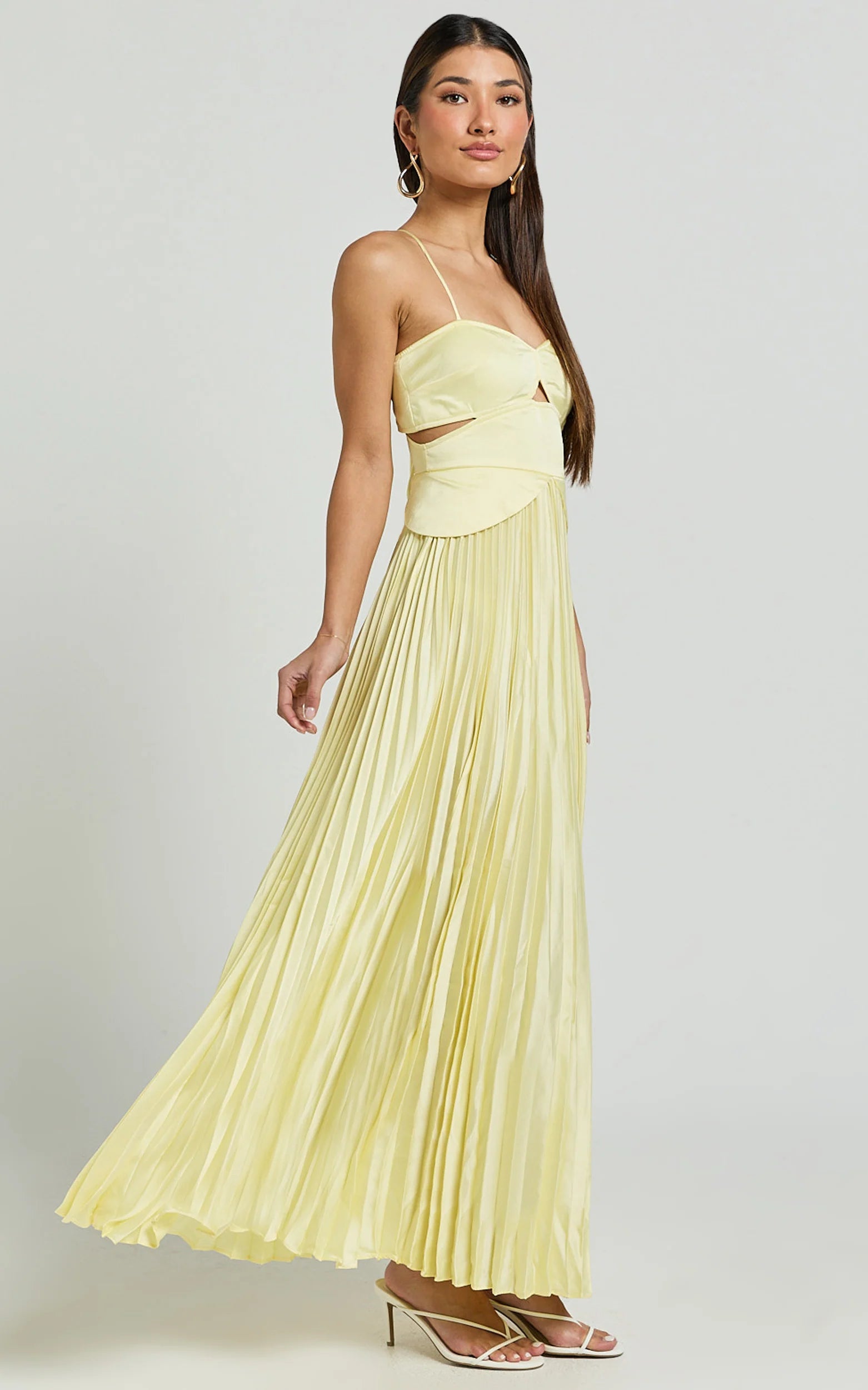 Shay Maxi Dress Sweetheart Cut Out Pleated Dress in Lemon